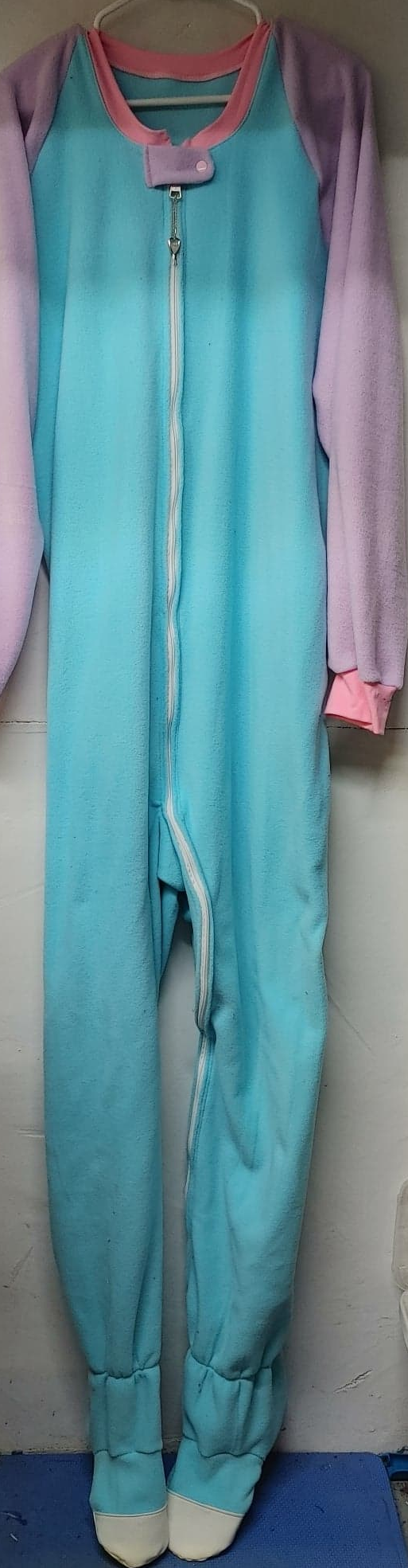 Spring PROMO Vintage aqua plush fleece with lavendar sleeves footie pajama featuring locking zipper and pink cuffs/collar, vinyl toe caps, and elastic