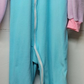 Spring PROMO Vintage aqua plush fleece with lavendar sleeves footie pajama featuring locking zipper and pink cuffs/collar, vinyl toe caps, and elastic