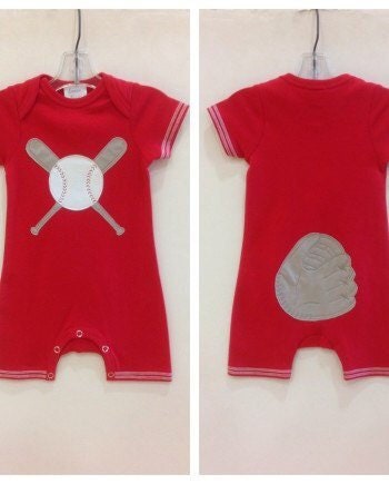 Red baseball romper custom made for you featuring snap crotch