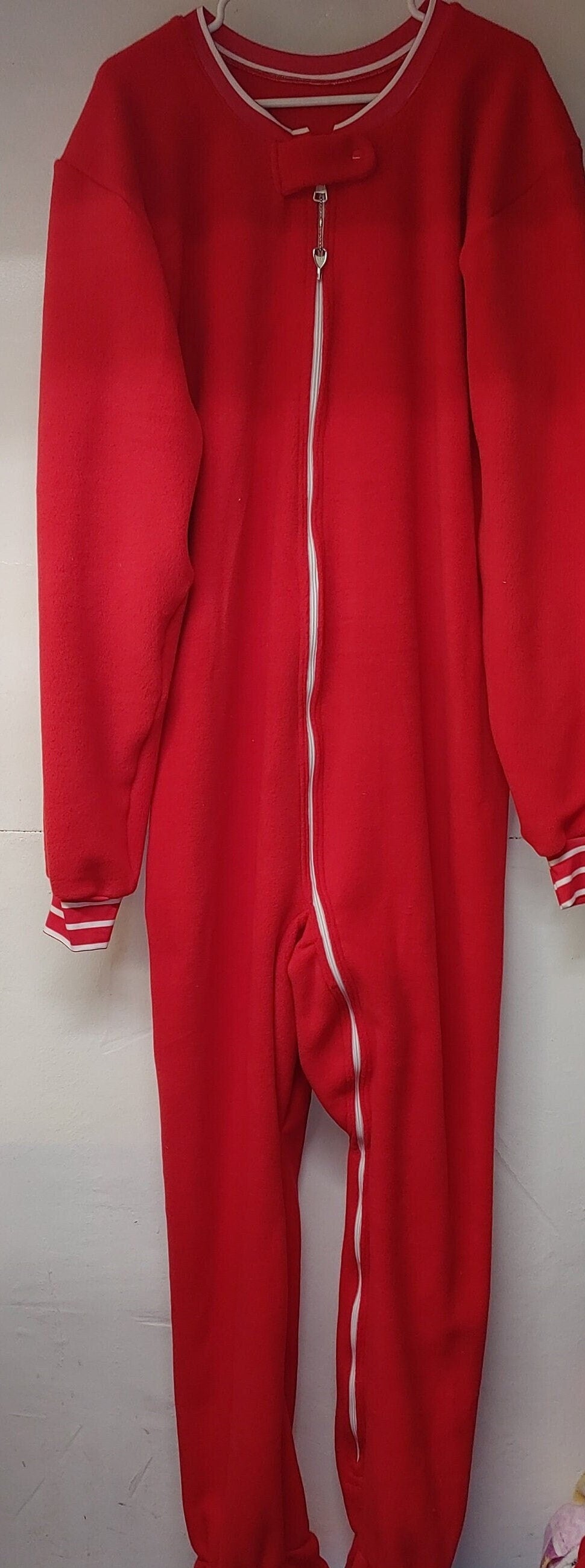 Vintage Red plush fleece footie pajama featuring locking zipper and striped cuffs/collar