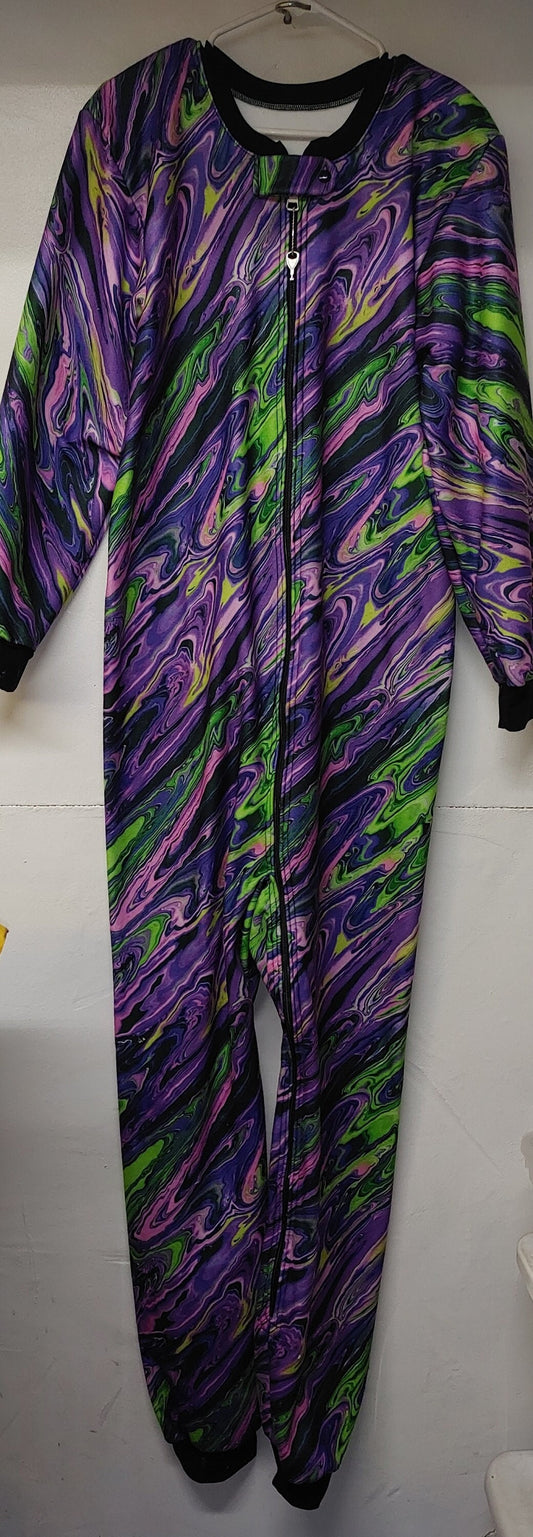 Open Foot Goth Emo Locking Pajama in Purple/Green/Black Pattern Swirl